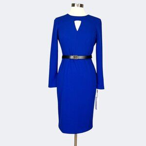 Calvin Klein Womens Blue Long Sleeve Sheath Dress Belted Keyhole Neck size 6